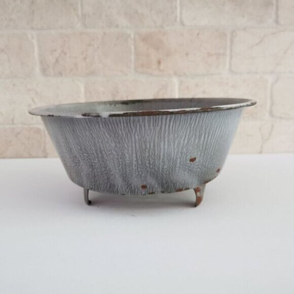 Gray Graniteware Strainer Vintage CONDITION Antique Enamelware Colander Footed R - Picture 2 of 7